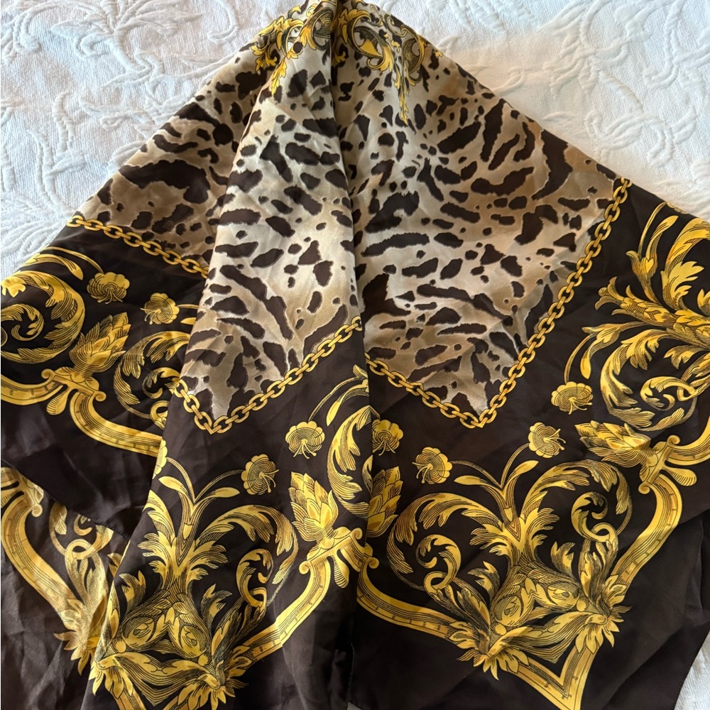 Vintage Silk Blend Scarf Abstract Chain Animal Print Brown Gold Square